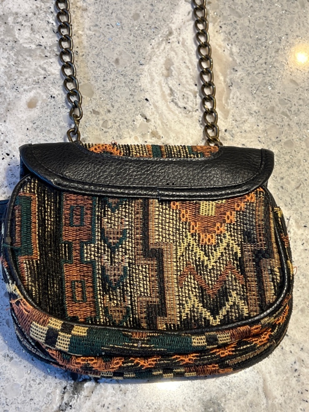 Icing Black Leather & Rust Patterned Tapestry Crossbody Chunky Brass Hardware - Picture 10 of 12